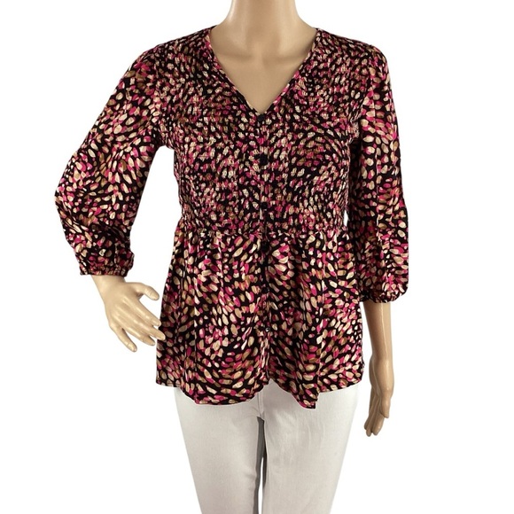 Cato Smocked Empire Waist Blouse Black Pink Print Size Small - Picture 1 of 7